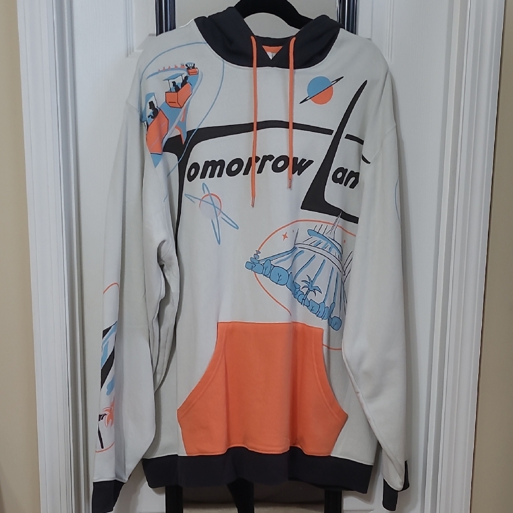 Disney Men's White Hoodie with Orange Pocket and Blue Graphic